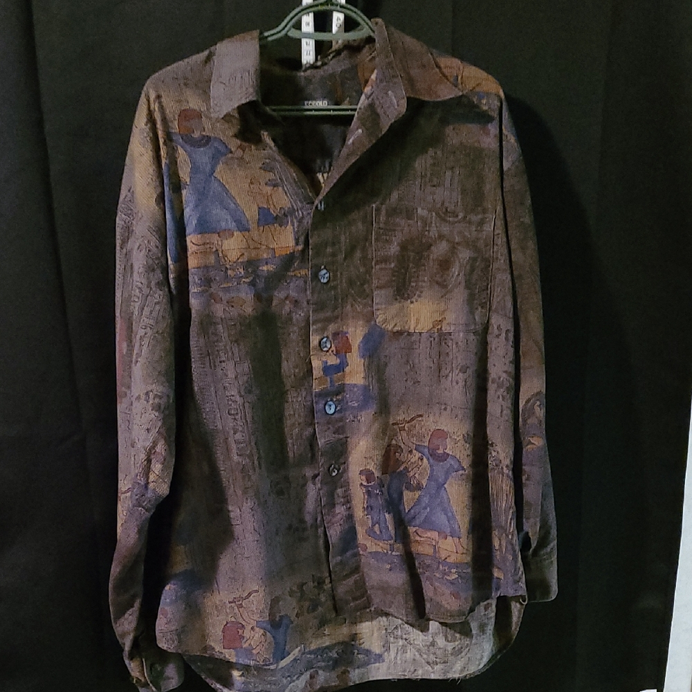Vintage Egyptian Patterned Button-Up Shirt Size Large
